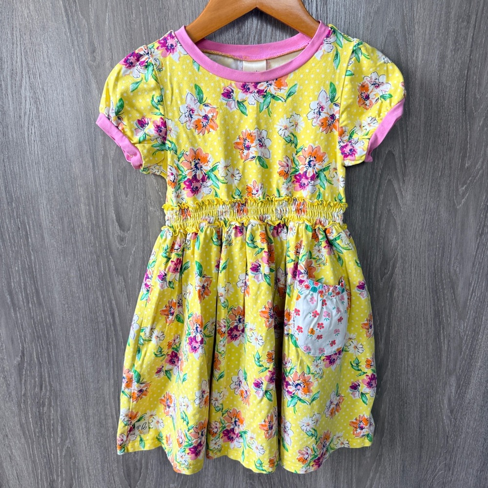 Wildflowers Floral Polka Dot Dress Girls 4 Yellow Cottagecore Boho Spring Summer